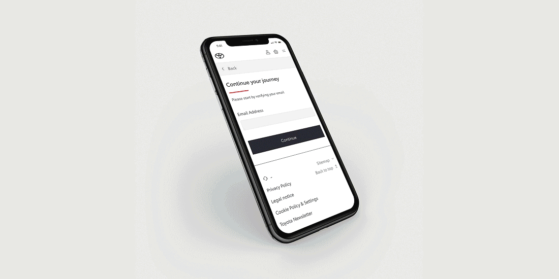 Toyota login/register on a mobile device